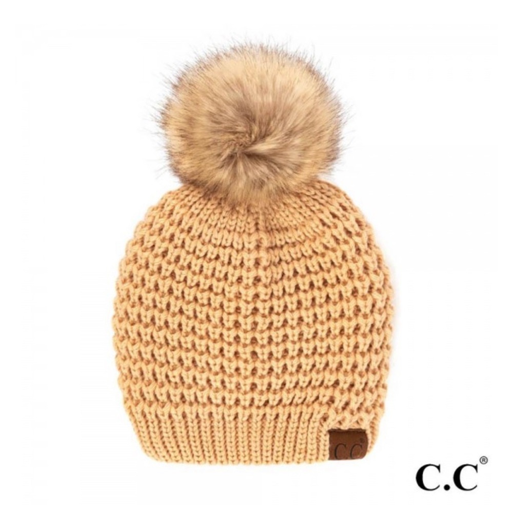 C.C. Beanie Waffle Stitch Pattern Beanie with Faux Fur Pom